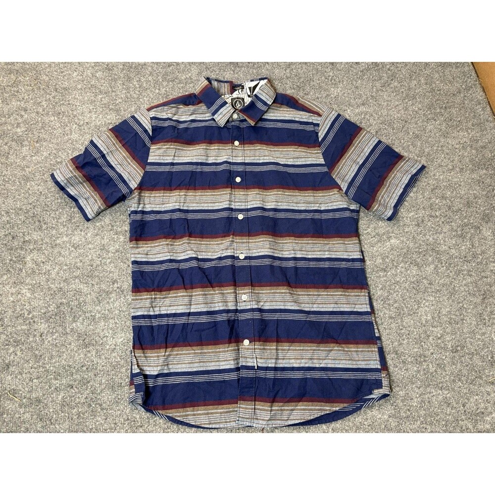Volcom Shirt Mens L Blue Striped Short Sleeve Slim Button-Up Cotton Vorzy SS
